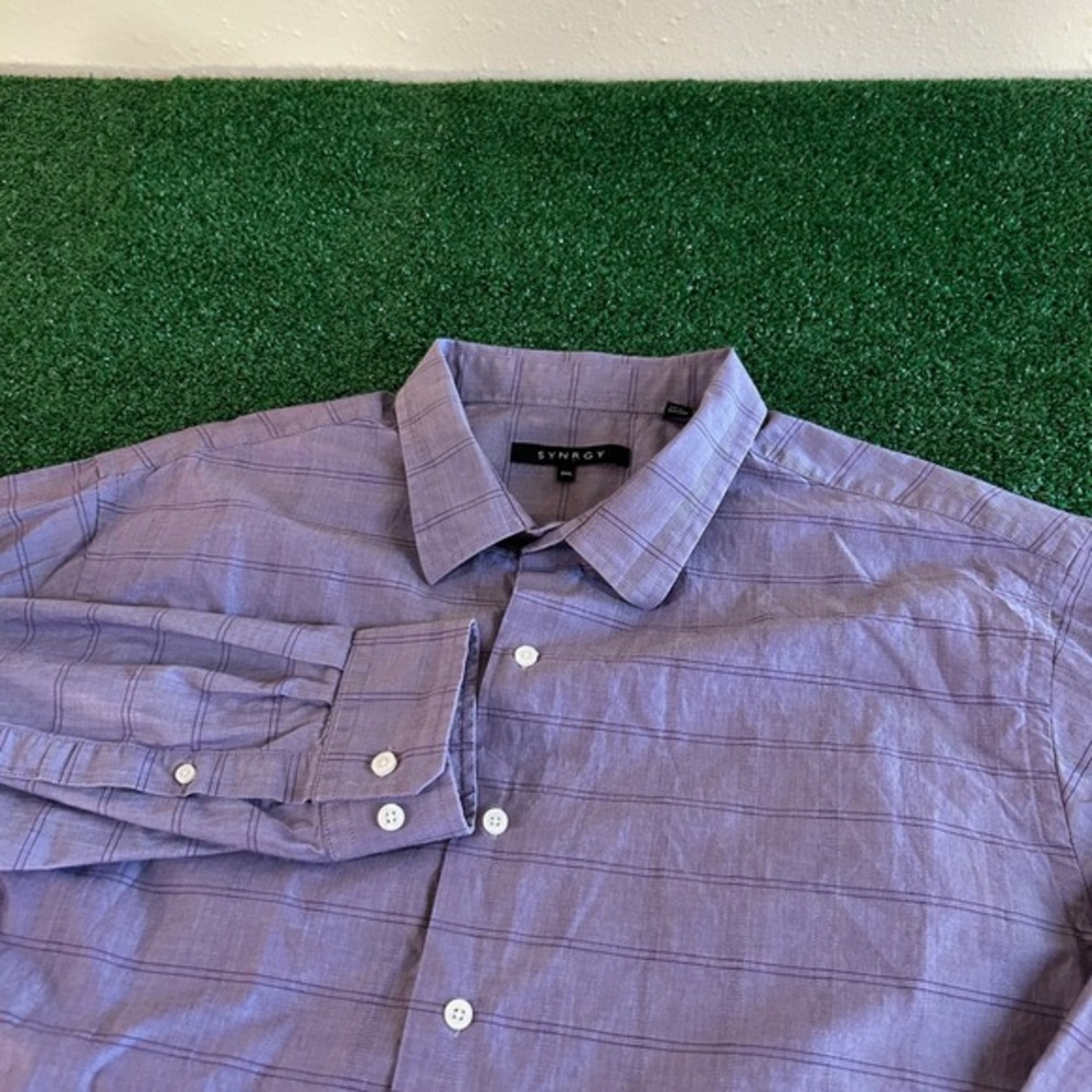 Synrgy Button Up Shirt Long Sleeve‎ Dress Purple Plaid Preppy Mens XXL 2XL